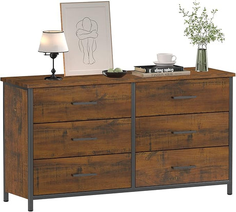 6 Drawer Double Dresser, Industrial Wood Dresser for Bedroom