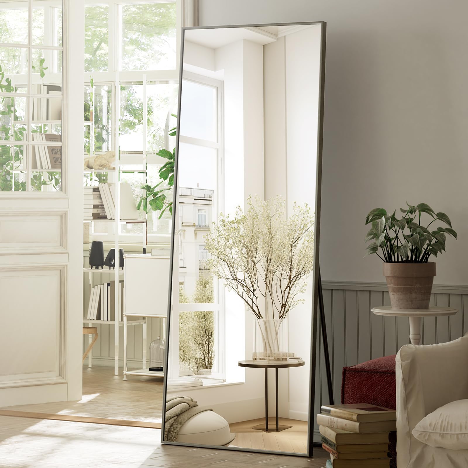 Floor Mirror Full Length, Bedroom Floor Body Mirror with Stand, Black Mirror,