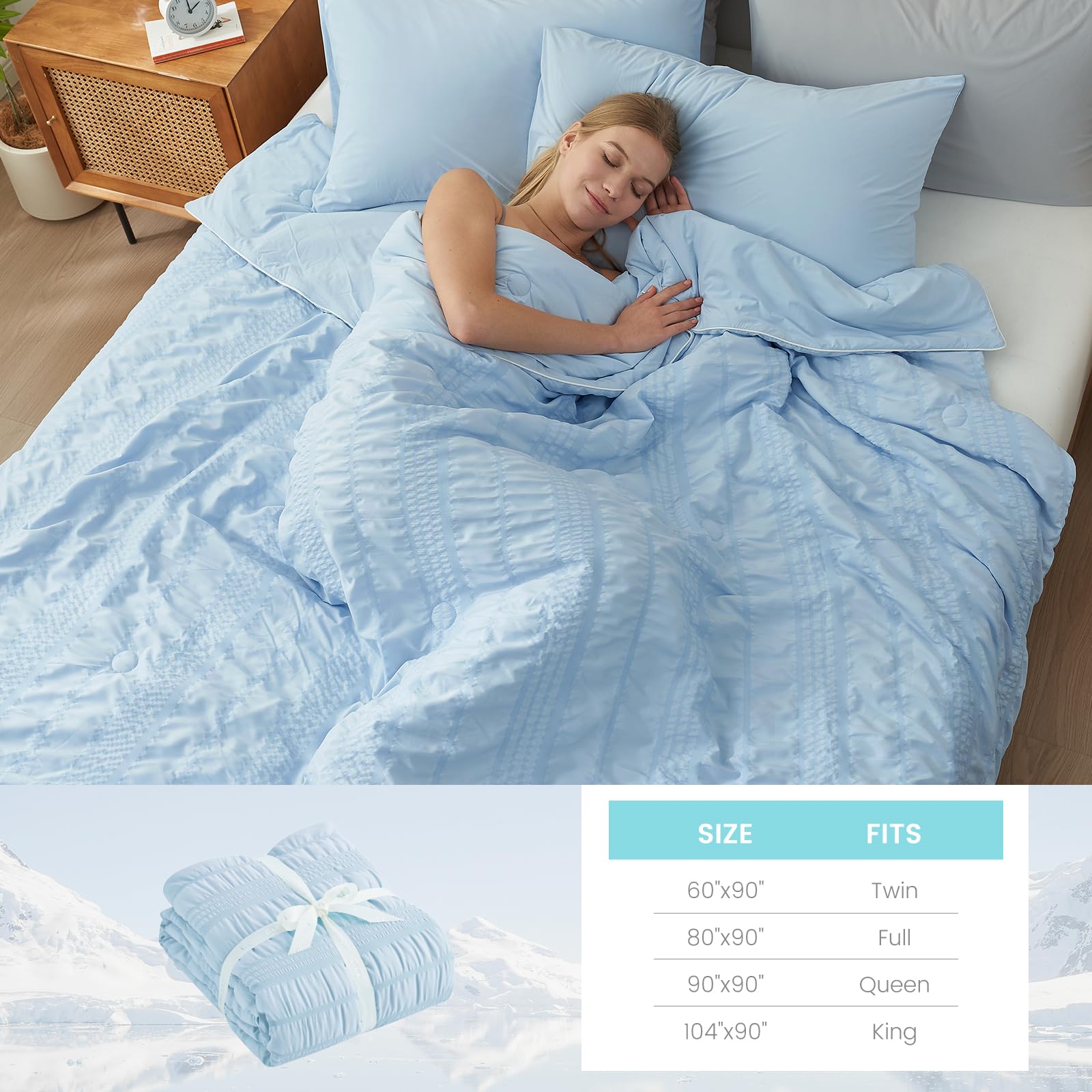 Cozy Bliss Seersucker Cooling Comforter King Size, Q-Max 0.4 Reversible Lightweight Cooling Blanket, Breathable Silk Smooth Summer Bedding Quilt for Hot Sleepers Night Sweats Cold Blue