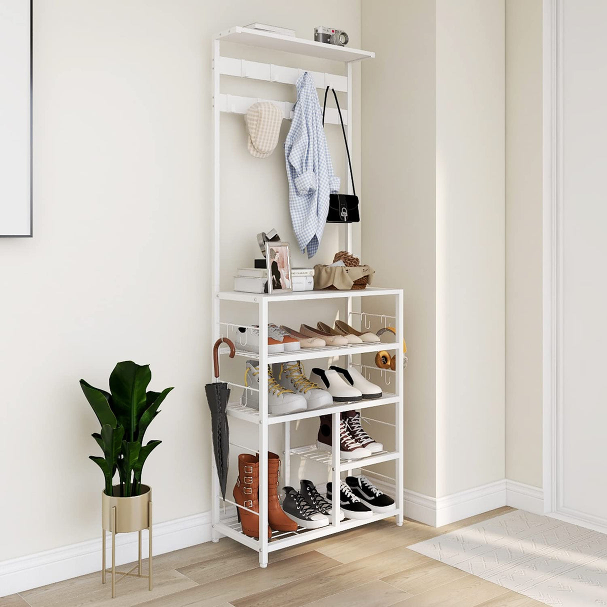 Modern White Large 5-Tier Hall Tree Entryway Wooden Shoes Rack Shelf Coat Rack