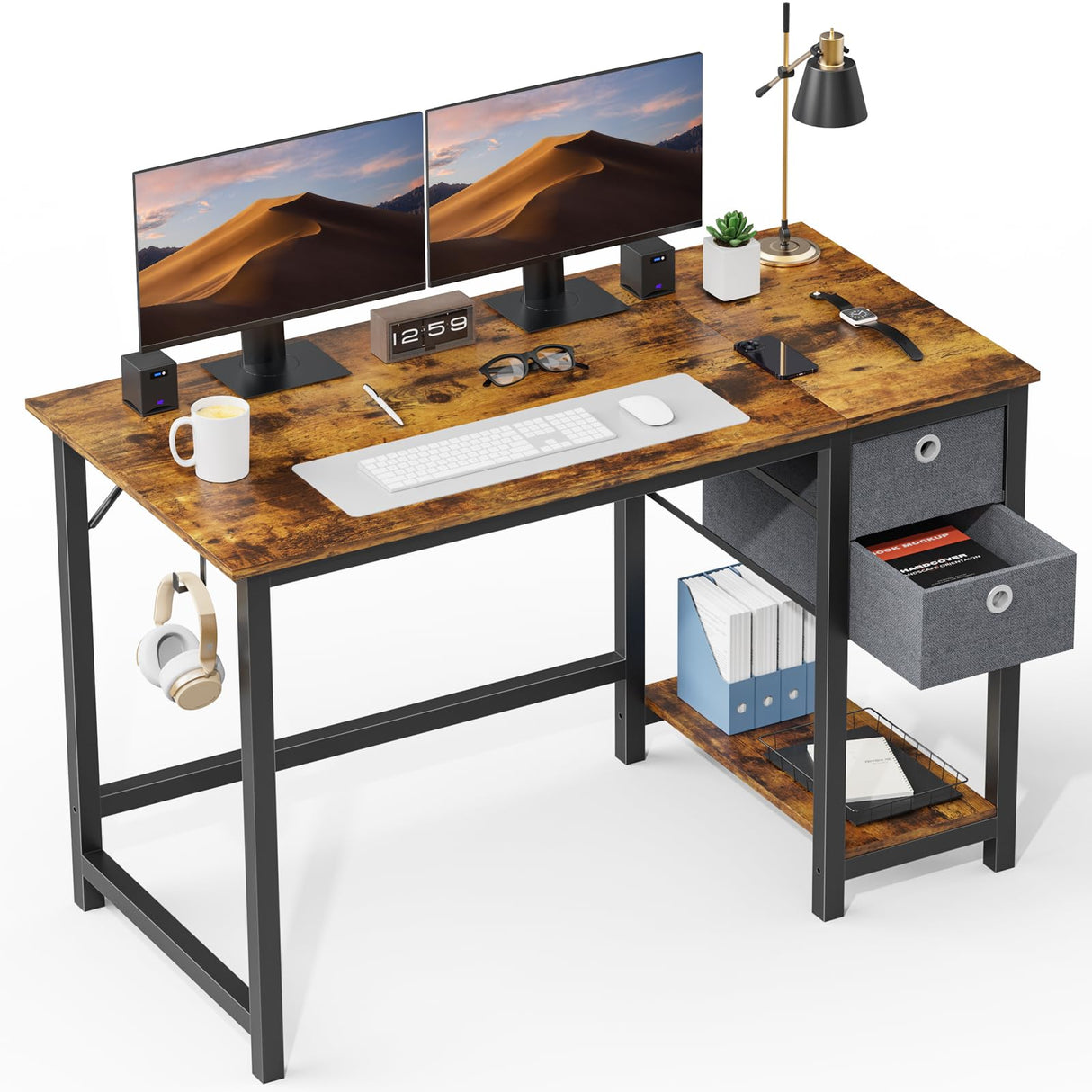 47 Inch Computer Desk, Small Office Desk with Storage Drawers, Modern Simple Style Writing Study PC Work Table for Home Bedroom Small Spaces