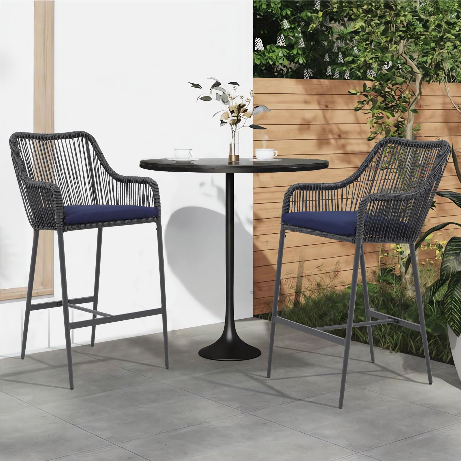 Wicker Bar Stools Set of 2, Patio Outdoor Rattan Bar Height Chairs with Cushions