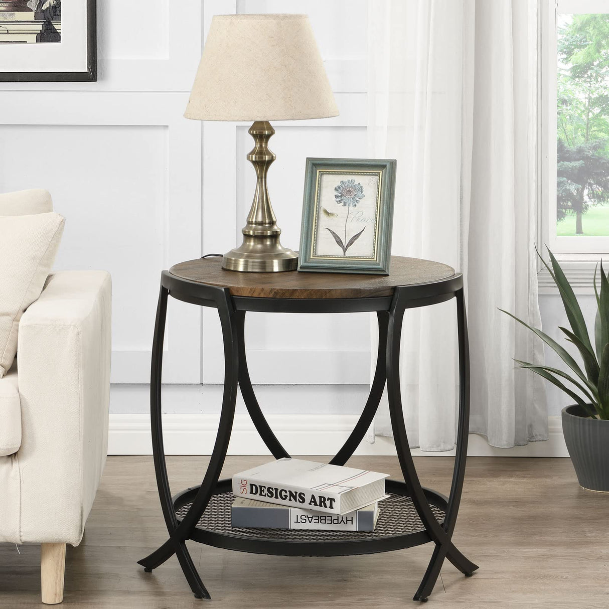 Industrial Round End Table with Storage Shelf, 2-Tier Side Table for Living Room