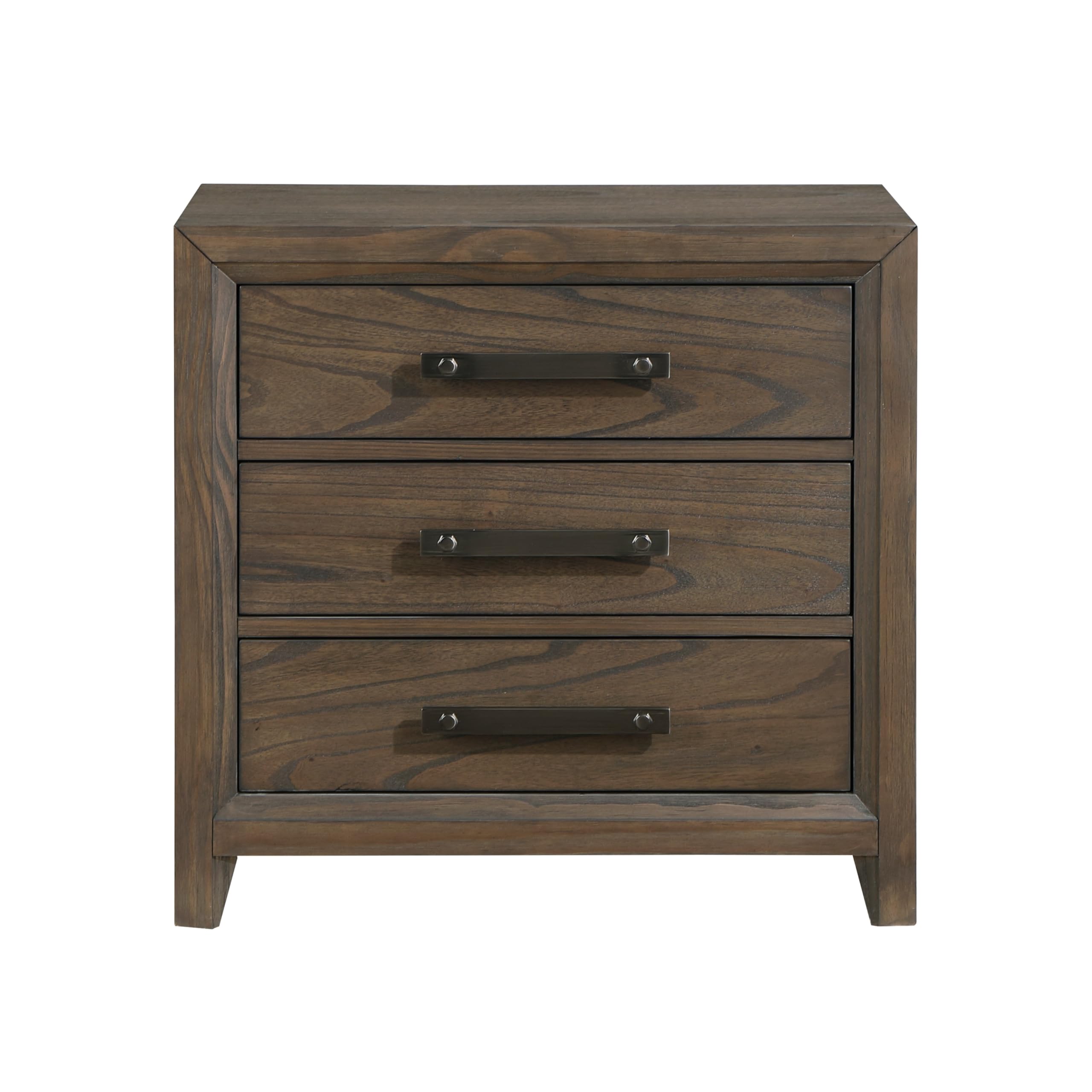27 Inch Nightstand, 3 Drawers, Handles, Brushed Walnut, Brown, Black and Nickel