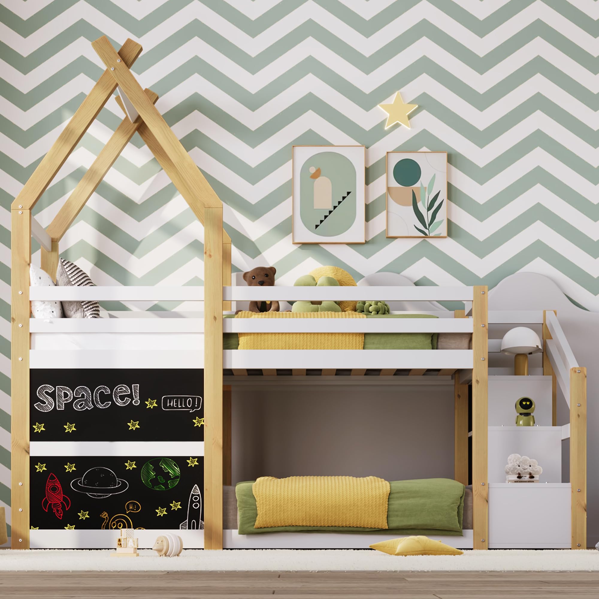 House Bunk Beds, Twin Over Twin Bunk Bed Wooden Floor Bunk Bed Frame for Kids,