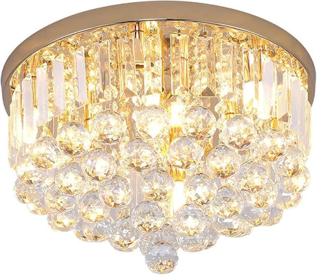 Mini Crystal Chandelier Ceiling Light,Flush Mount Modern Round K9 Crystal Raindrop