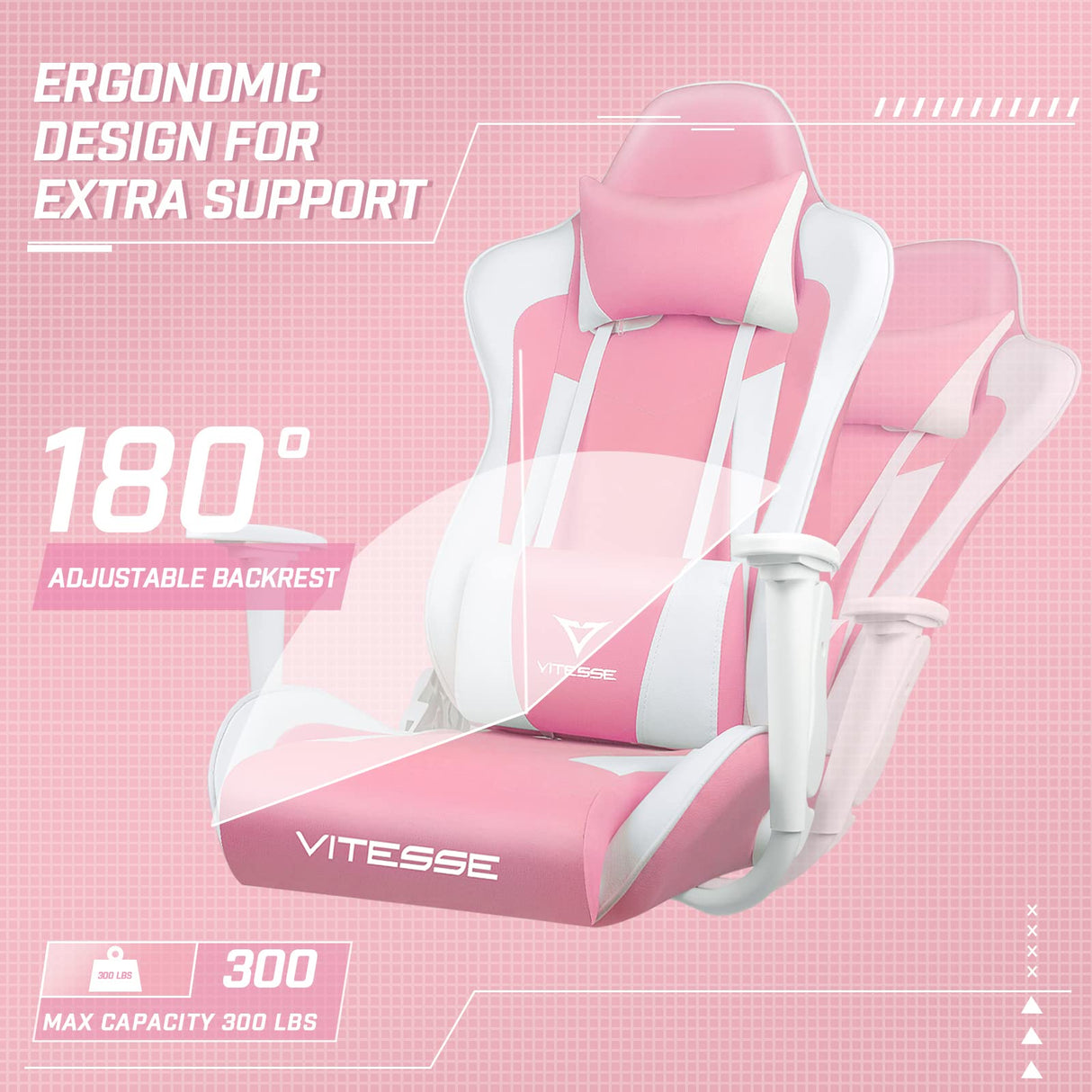 Pink Gaming Chair with Lumbar Support and Headrest