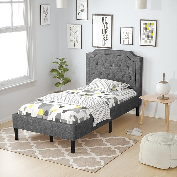 Twin Upholstered Bed Frame with Button-Tufted Headboard - Grey