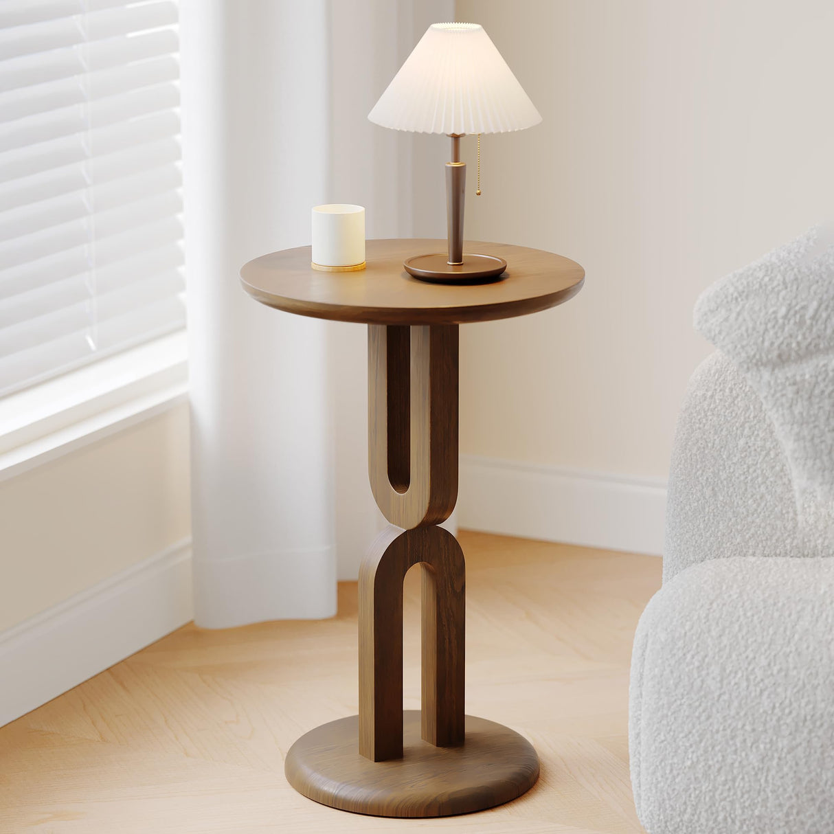 Solid Wood End Table, Ash Wood, Walnut Finish, Double U-Shaped Design