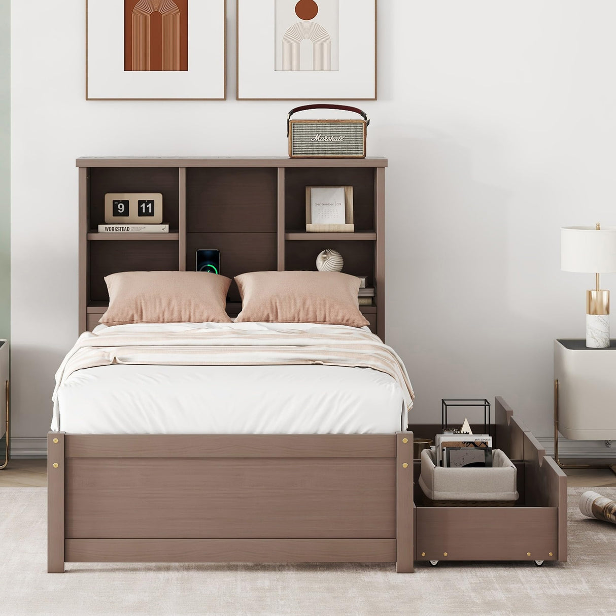 Bed Frame with Built-in USB Port Walnut