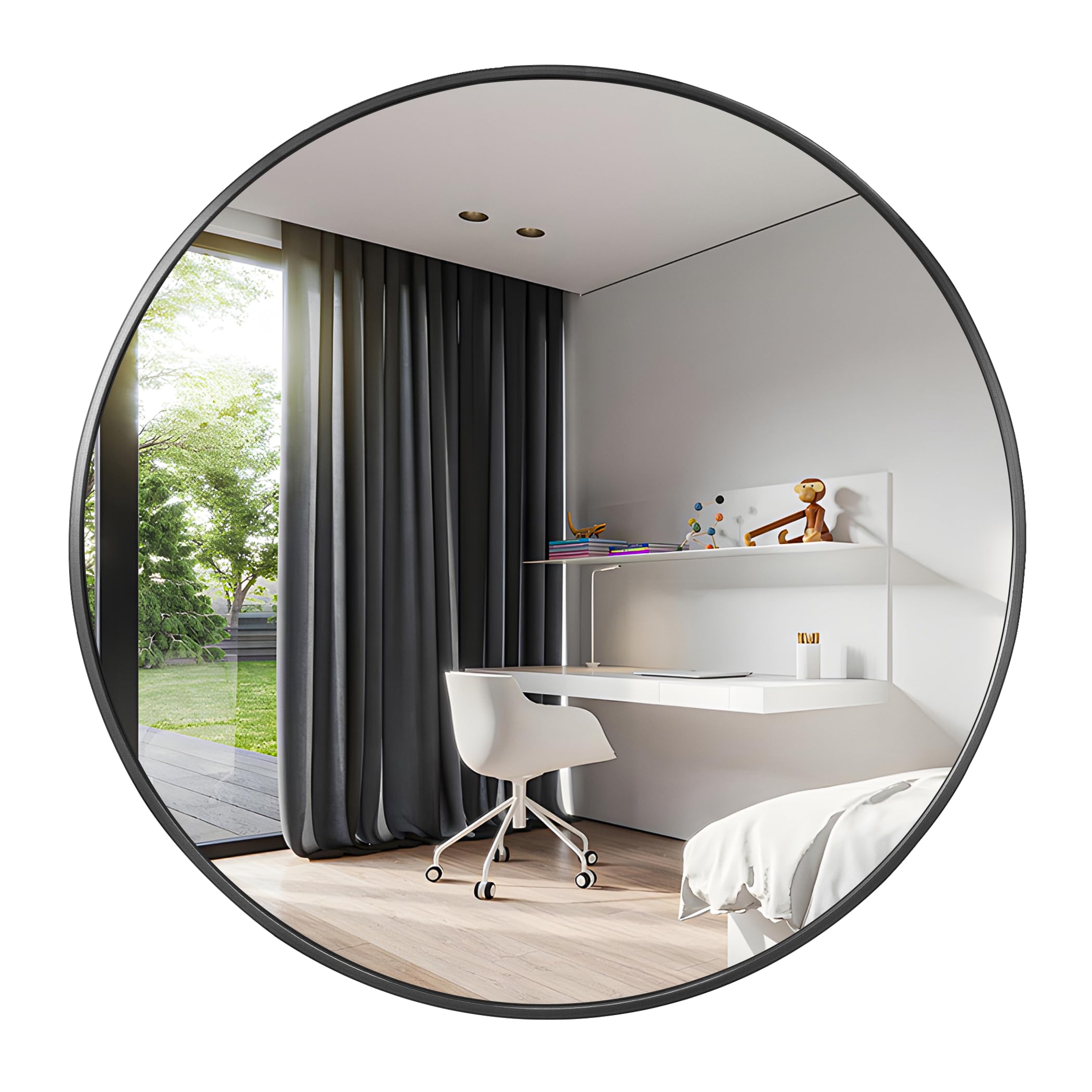 42" Large Round Mirror, Black Circle Mirror for Wall, Metal Framed Round Mirror