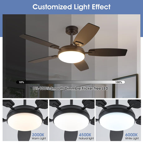 52 Inch Ceiling Fans with Lights and Remote,Black Outdoor Ceiling Fans with Dimmable 3