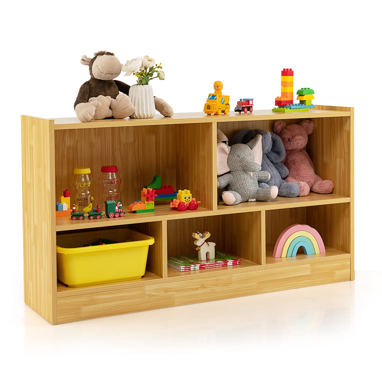kids Toy Storage Organizer, 5-Section Storage Daycare Shelf for Preschool, Children 2-Tier Open Wooden Display Book Shelf Organizer for Classroom, Playroom & Nursery, Kindergarten(Yellow)