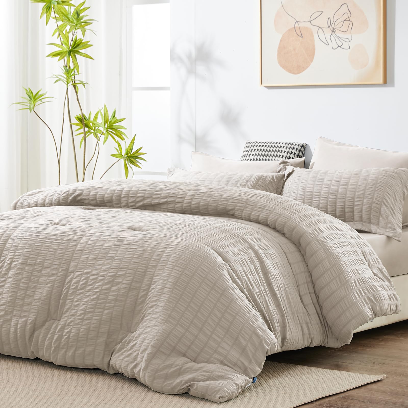 King Seersucker Comforter Set with Sheets Beige Bed