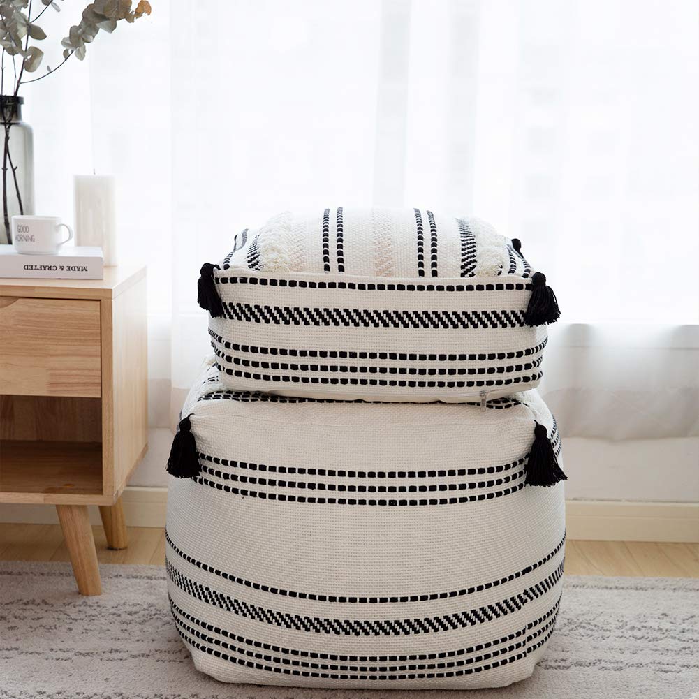 Ottoman Pouf Cover 18x18x16, Square Striped Morocco Tufted Boho Foot Rest with Big