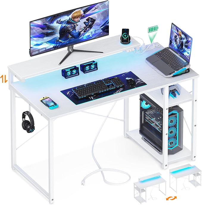 Gaming Desk with Led Lights & Power Outlet, 40 Inch Small Gaming Computer Desk