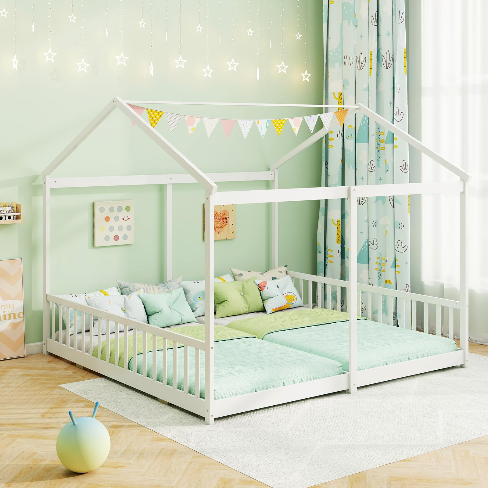Twin Floor House Bed, House Platform Beds for 2 Kids, Double Montessori Floor Bed