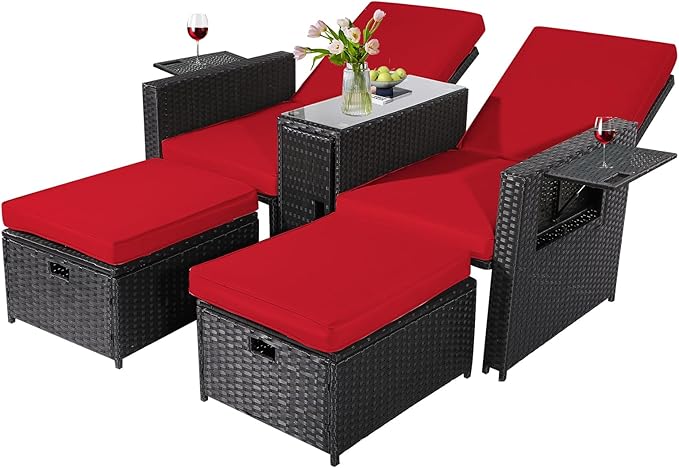 5PCS Outdoor Wicker Chaise Lounge Chair - Rattan Adjustable Reclining Patio Lounge