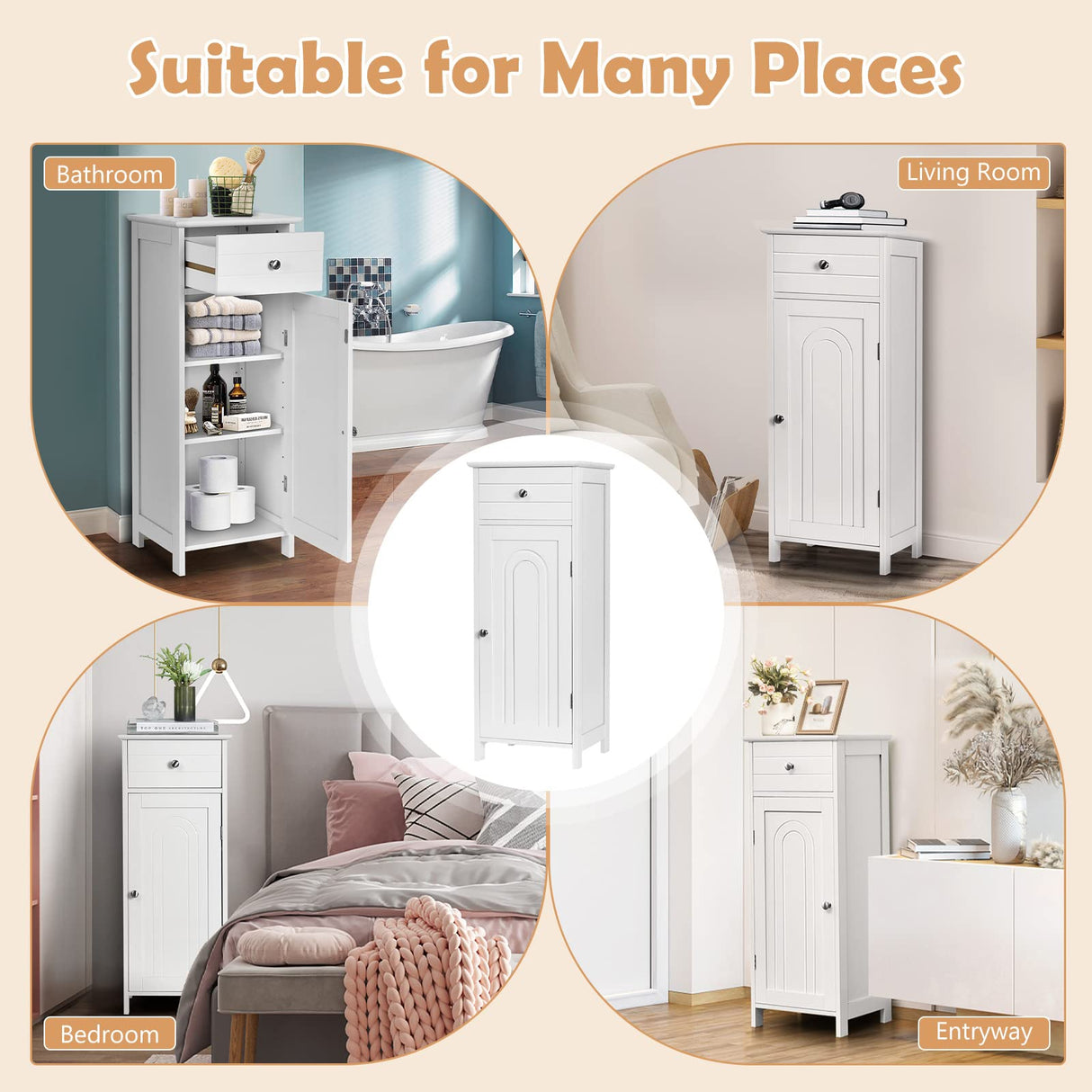Floor Storage Cabinet, Bathroom Freestanding Side Storage Organizer, Single Door Floor Storage Cabinet w/Drawer & Adjustable Shelves,