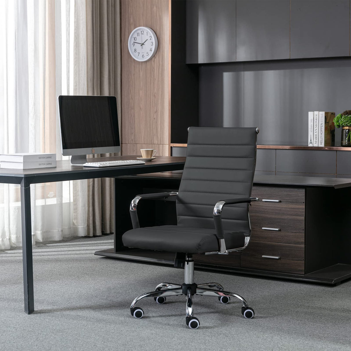 Home Office Chair Ribbed, Modern Leather Conference Room Chairs, Ergonomic Office Desk Chair