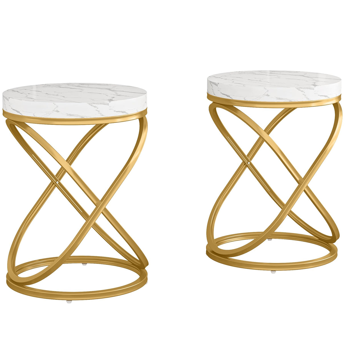 26 Inches White and Gold Faux Marble Top End Tables Living Room Set of 2