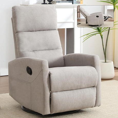 Chair, Fabric Rocking Swivel Glider Recliner Chair, Max Swivel Degree 360°, Heavy Duty Motion Mechanism with Side Pockets (Brown)