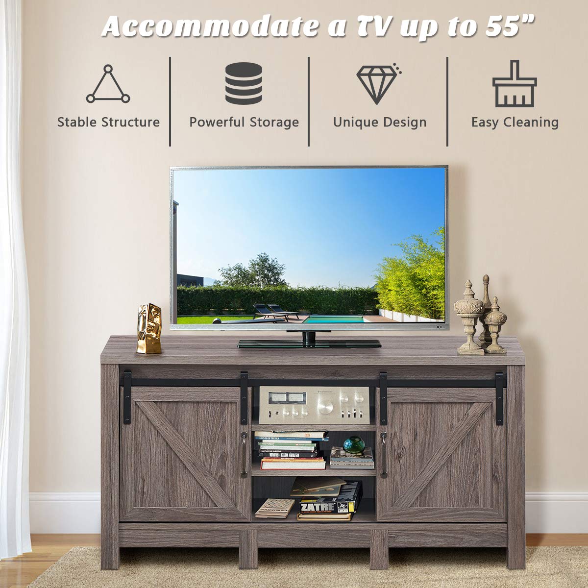 TV Stand with Sliding Barn Doors, Modern Farmhouse Wood Entertainment Center