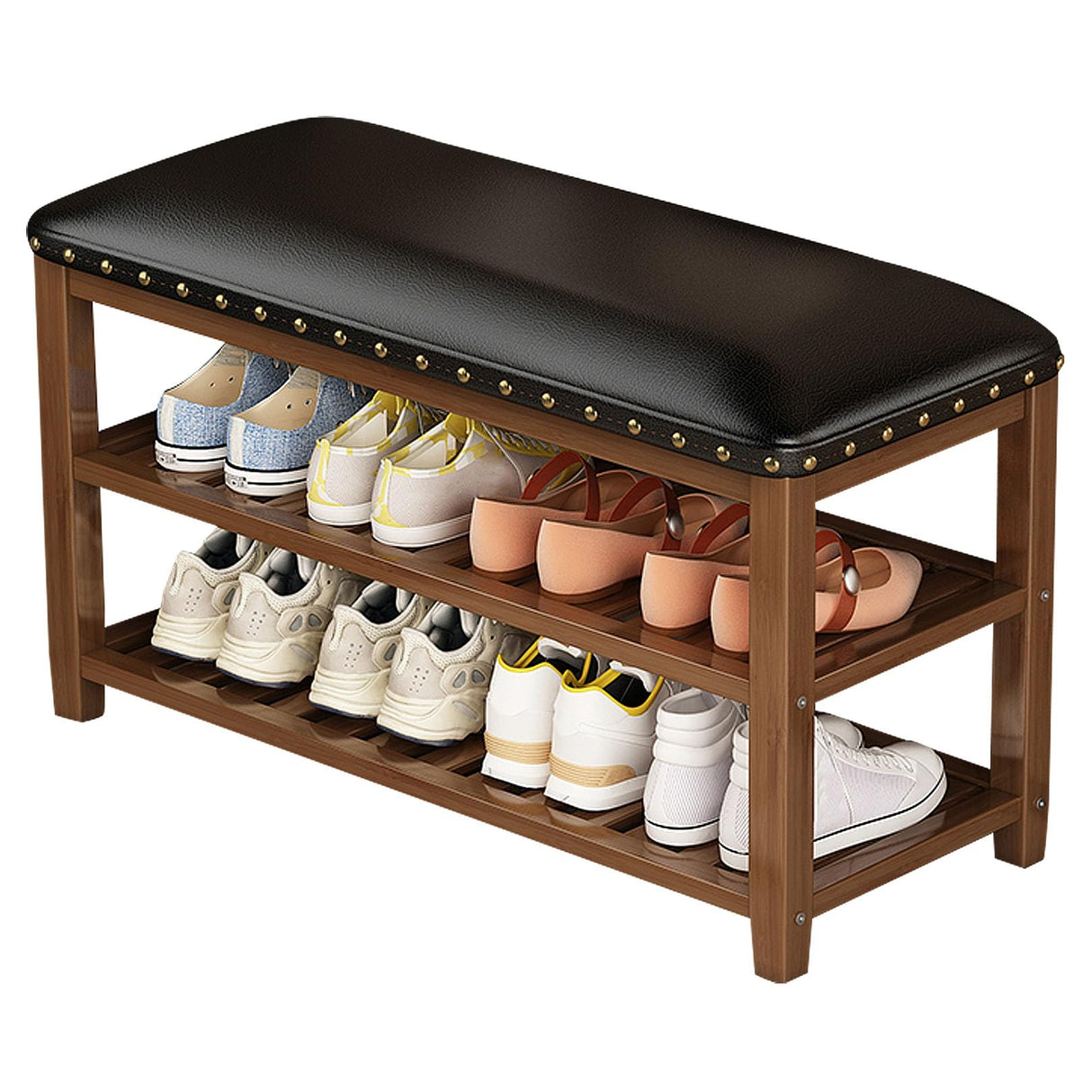 2-Tier Shoe Rack for Entryway, Wooden Shoe Bench with Padded Seat