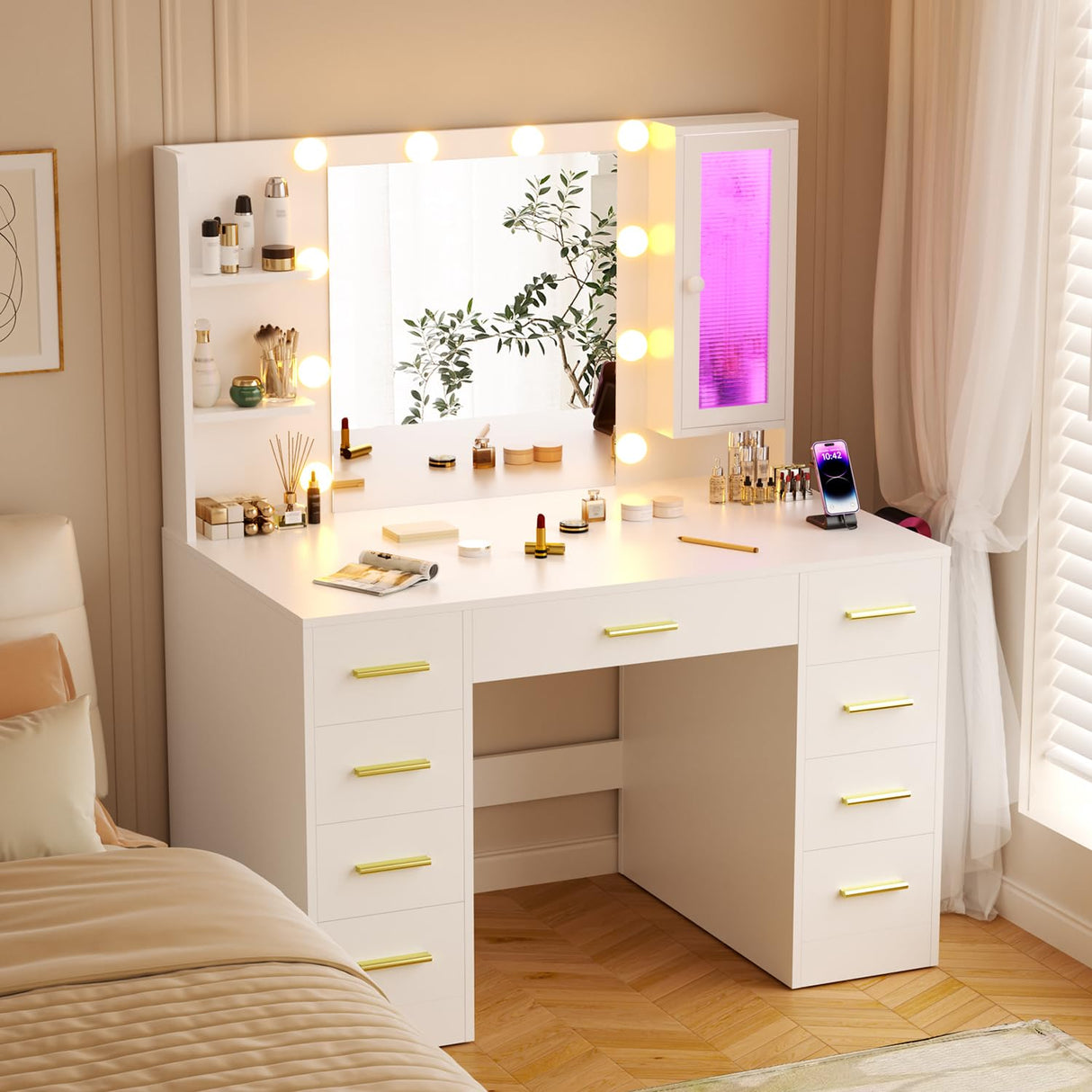 Vanity Desk with Mirror and Lights and Power Outlet, Large 43.3" LED&RGB Lights Makeup Vanity Table