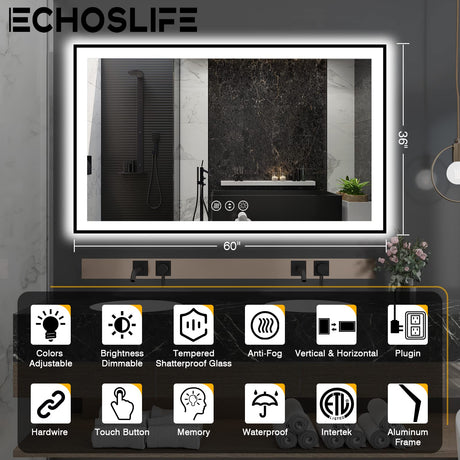 60x36 LED Mirror for Bathroom - Black Aluminum Framed (Front and Backlit)