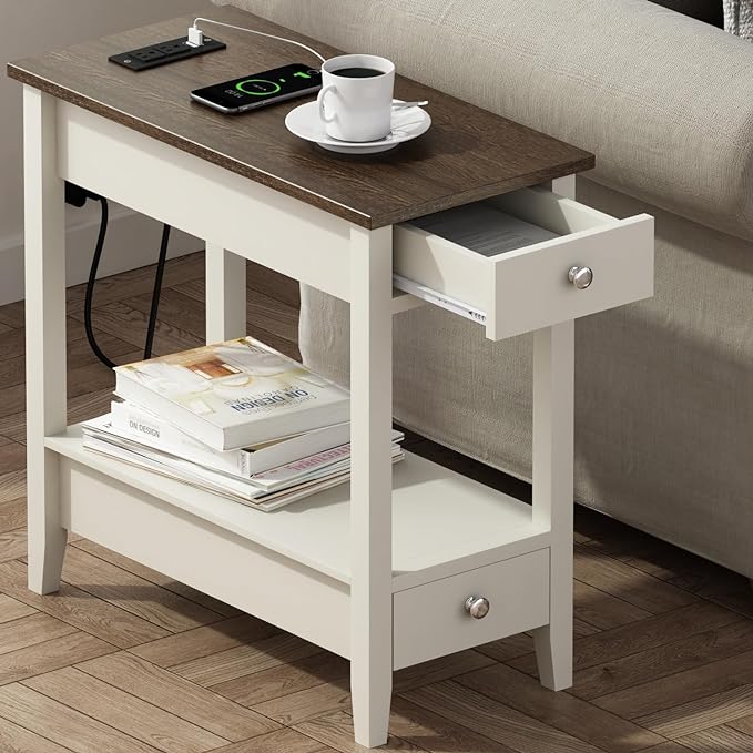 Side Table with Charging Station, Narrow End Table with Storage, 2-Drawer Nightstand