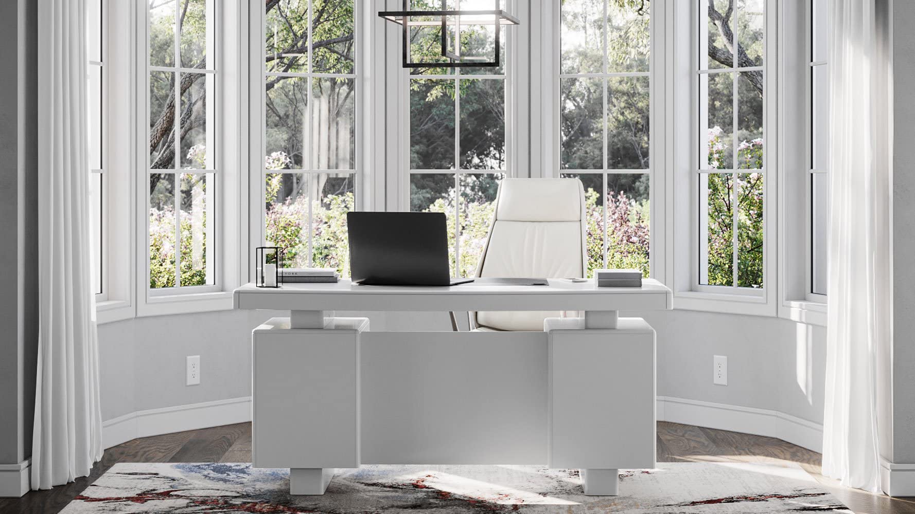 Monroe White Lacquer Modern Desk with Leather Pad and Storage