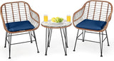 3-Piece Patio Bistro Set PE Rattan Wicker Armchairs and Coffee Table Set with Cushions