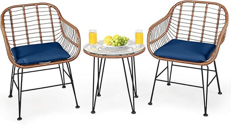 3-Piece Patio Bistro Set PE Rattan Wicker Armchairs and Coffee Table Set with Cushions