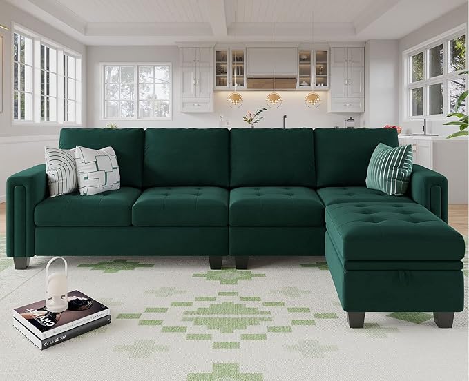 Velvet Reversible Sectional Sofa with Chaise Convertible L Shaped 4-seat Sectional