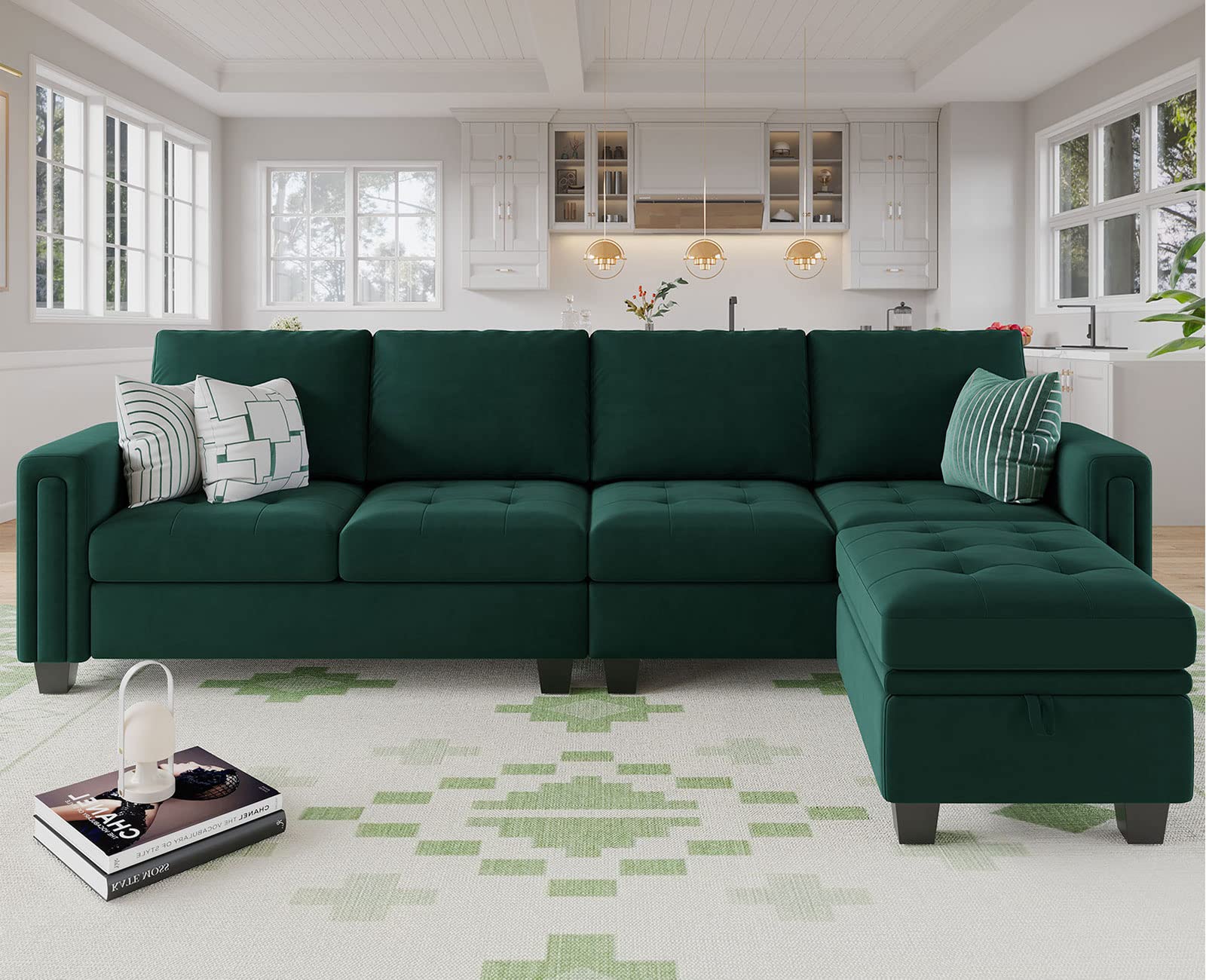 Velvet Reversible Sectional Sofa with Chaise Convertible L Shaped 4-seat