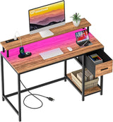 Gaming Desk with LED Lights and Power Outlets 39 inch Computer Desk with Fabric