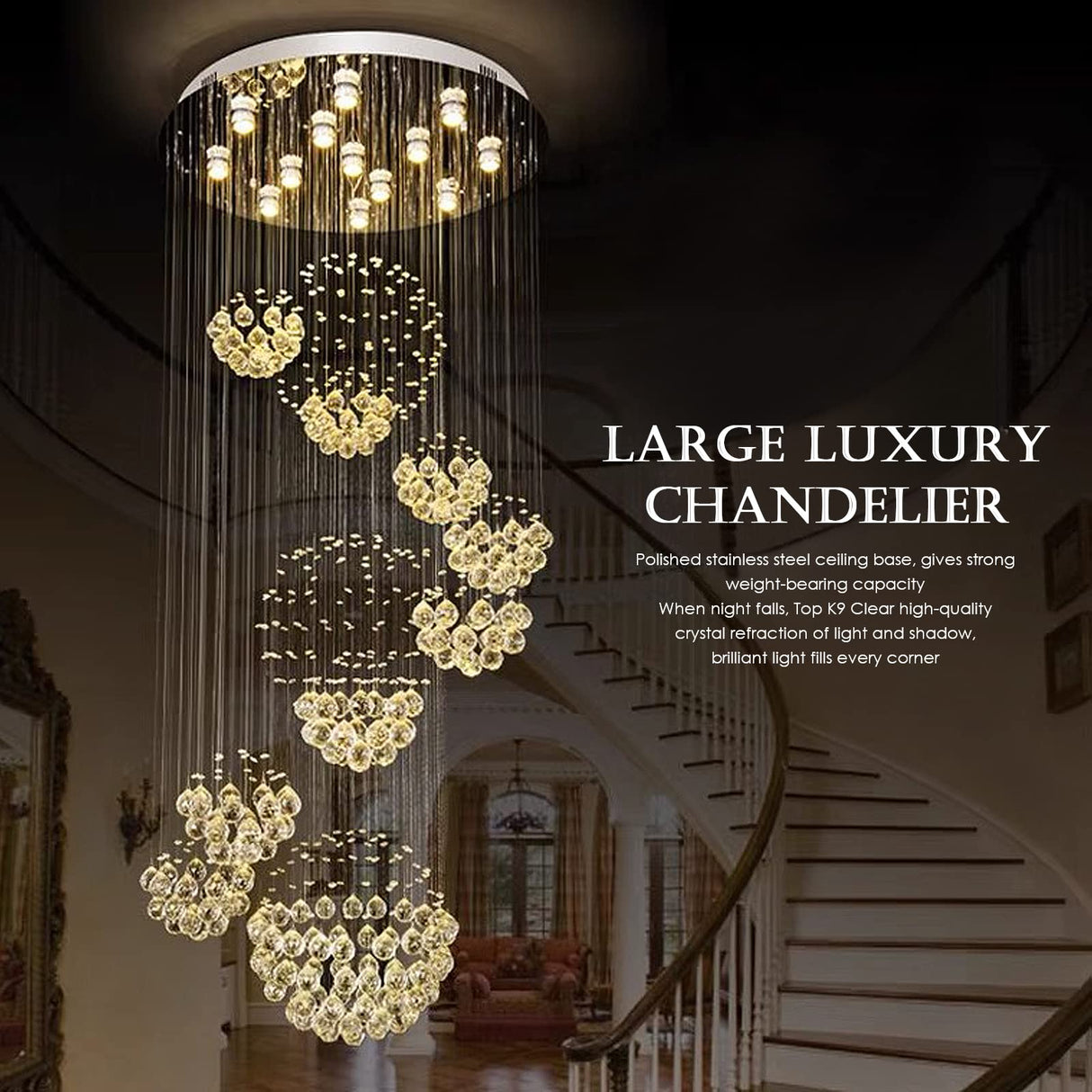 Modern Foyer Chandeliers for High Ceiling, Large Staircase Chandelier with Spiral Sphere