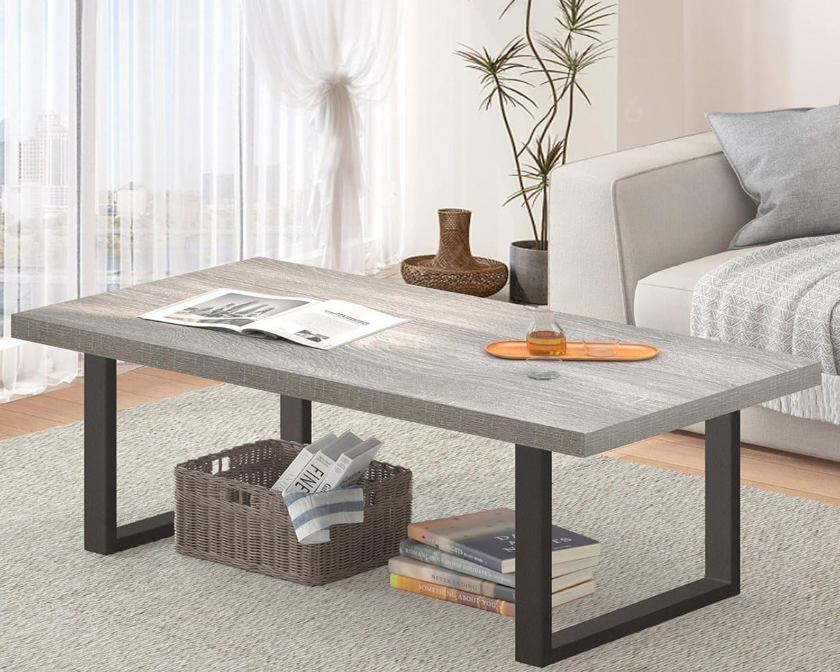 Grey Coffee Table, Wood Metal Coffee Table for Living Room, Farmhouse Minimalist Rustic