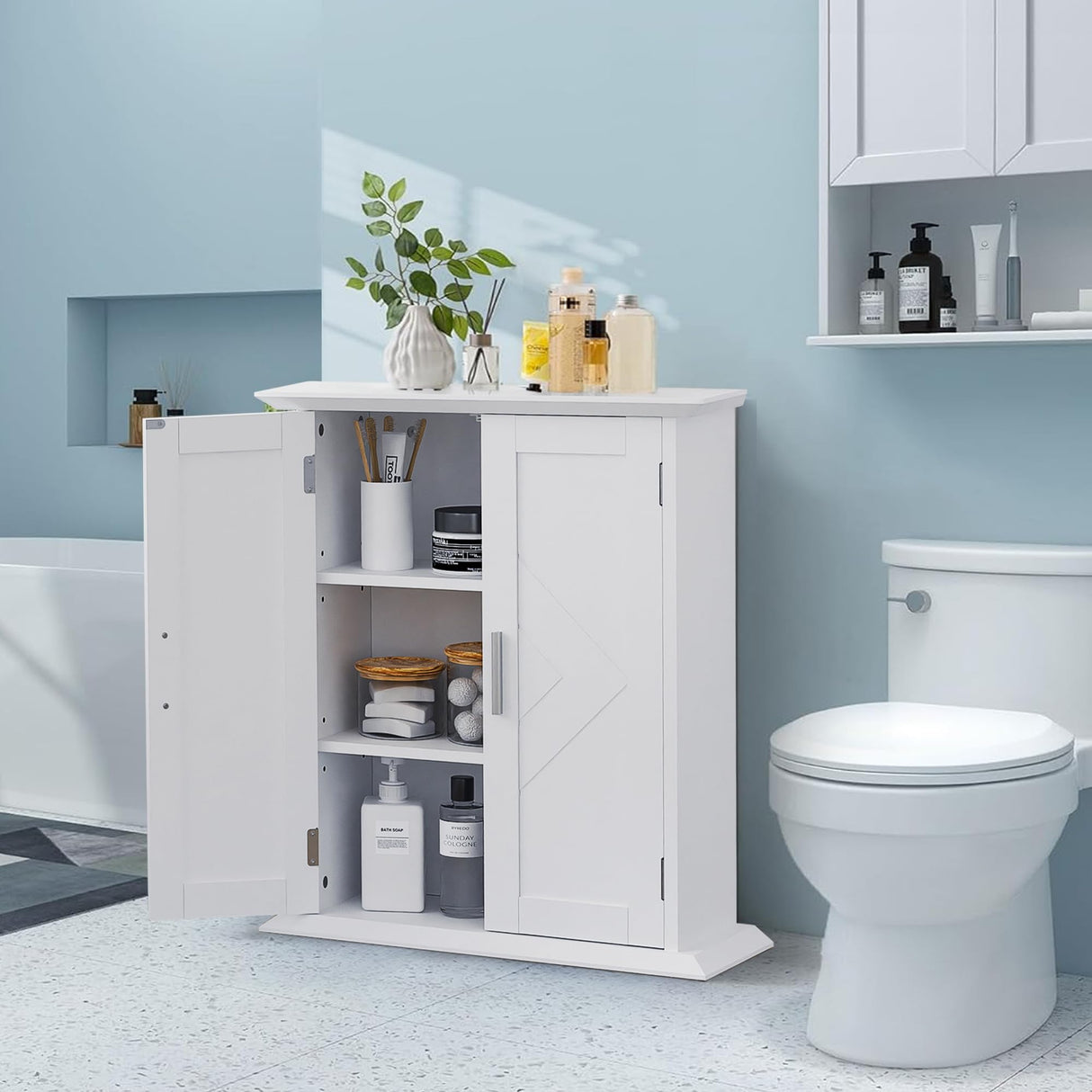 Bathroom Floor Cabinet Freestanding Storage with Double Doors and 2-Tier Adjustable Shelves