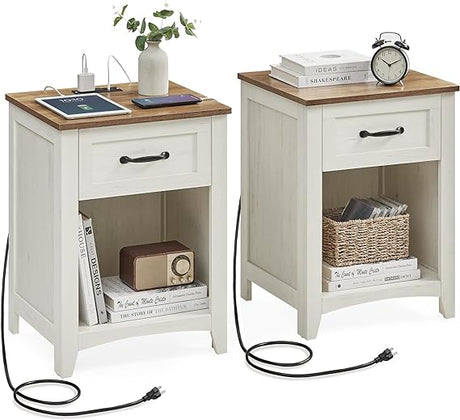 Farmhouse Nightstand with Charging Station, Bedside Table with Drawer