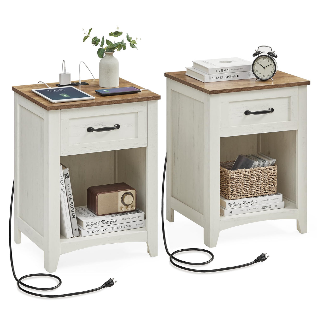 Farmhouse Nightstands with Charging Station, Set of 2, Bedside Tables with Drawer