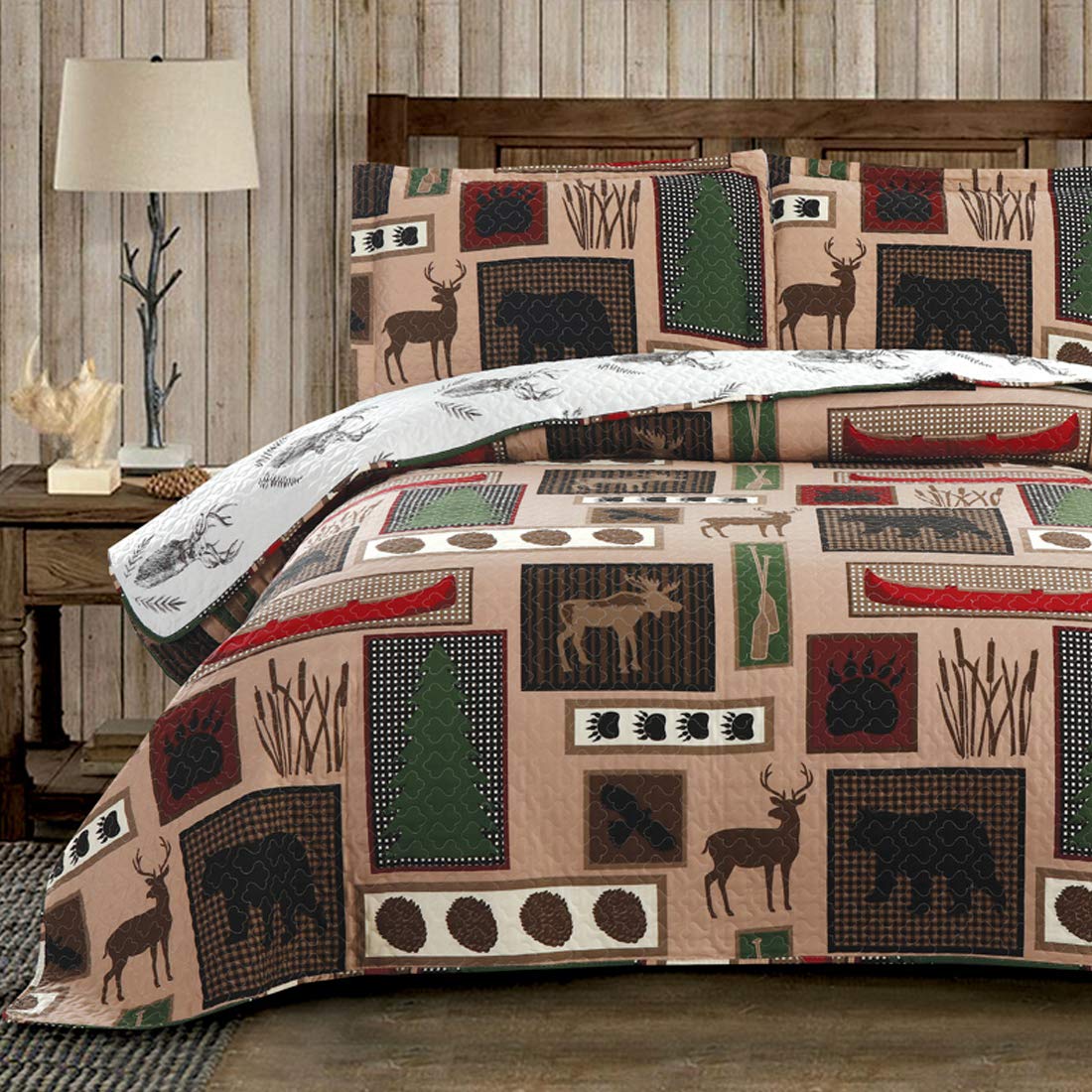 Home Rustic Bedding Lodge Moose Bear Quilt Set Full/Queen Size,3 Pcs Lightweight