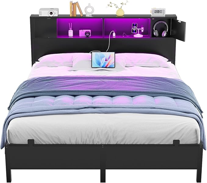 Queen Size Bed Frame with Storage Headboard