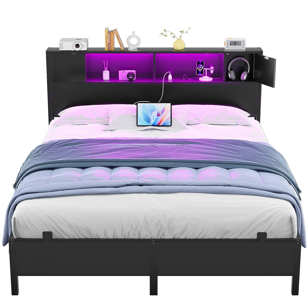 Queen Size Bed Frame with Storage Headboard