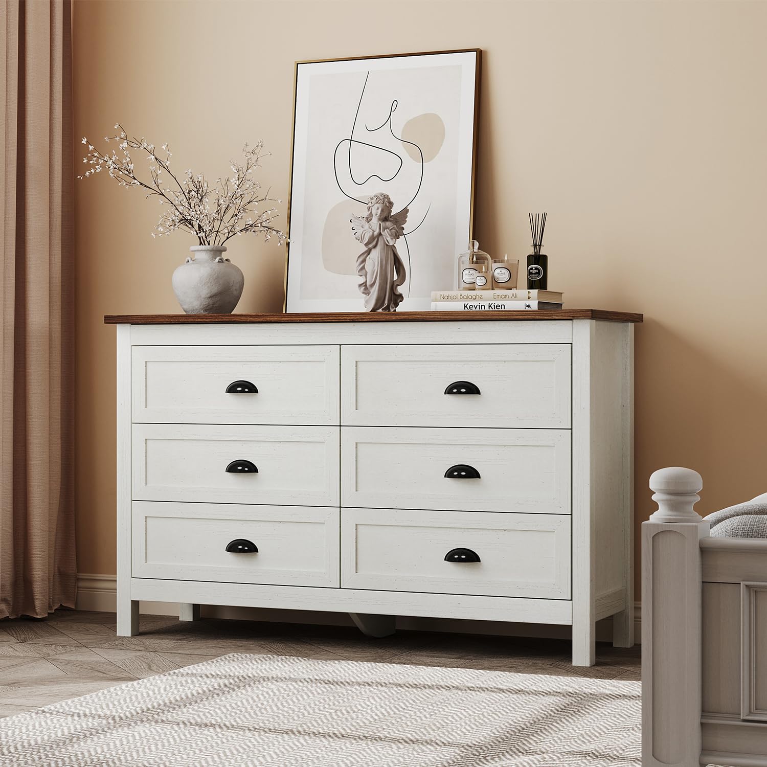 White Dresser for Bedroom, Modern 6 Drawer Double Dresser for Bedroom with Vintage