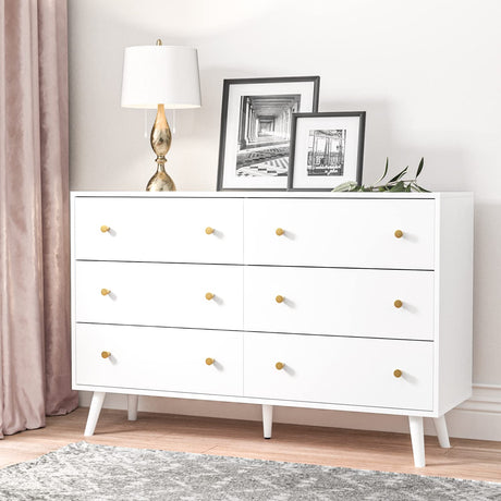 White Dresser for Bedroom, Modern 6 Drawer Dresser, Wide Chest of Drawers with Gold