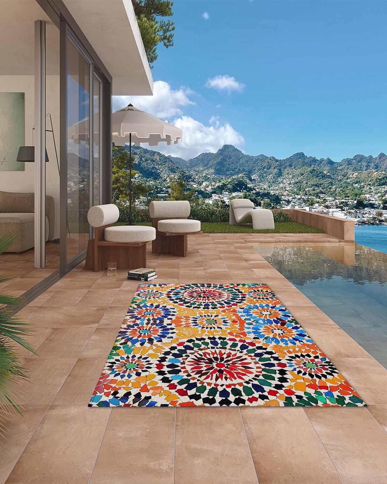 Outdoor Rug 6x9 ft Vintage Pop Art Outdoor Large Area Rug Non Slip Rubber Watercolor