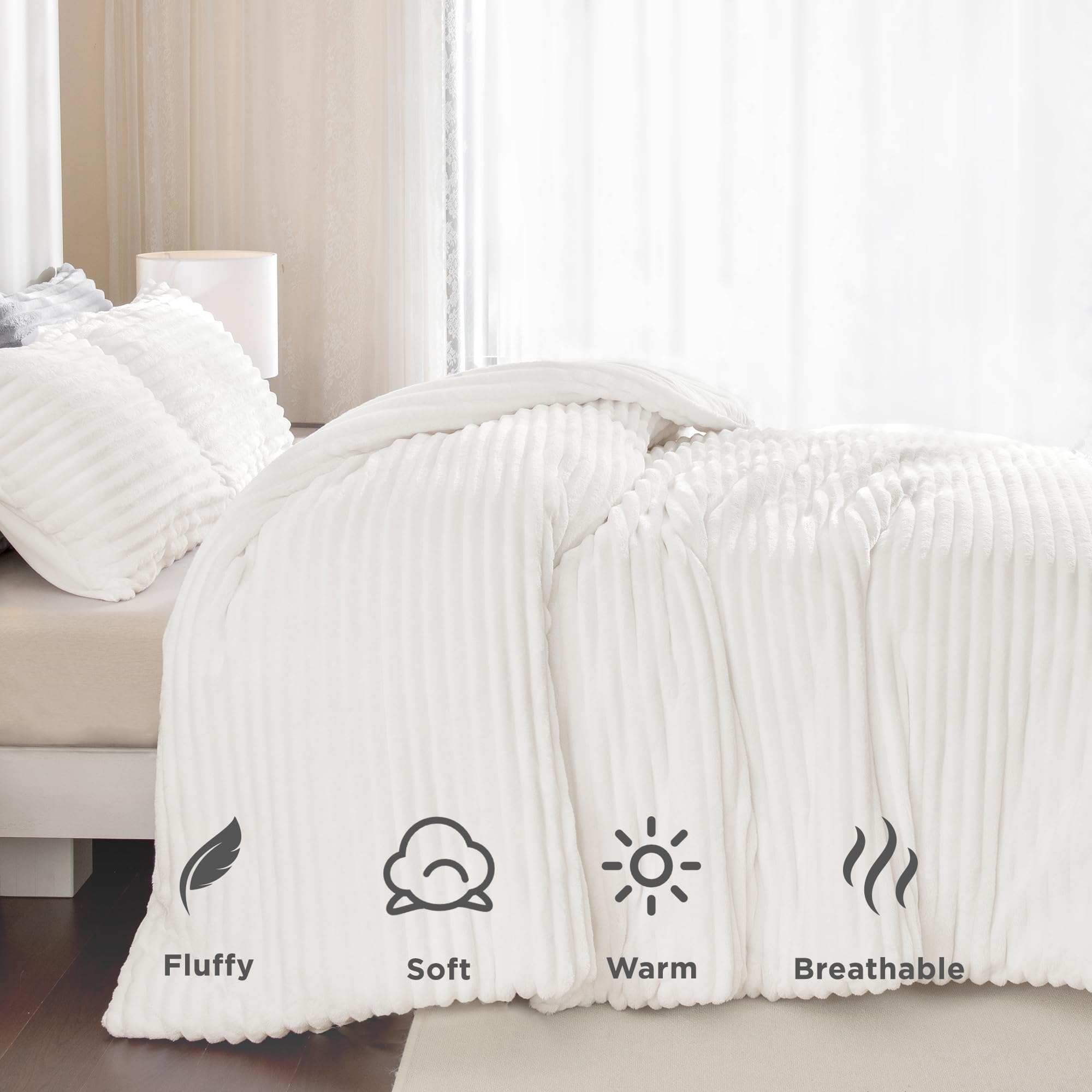 Fluffy Queen Comforter Set, Super Soft White Comforter Queen, Winter Warm Fleece Faux