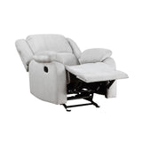 38 Inch Manual Glider Recliner Chair, Solid Wood, Light Gray Chenille